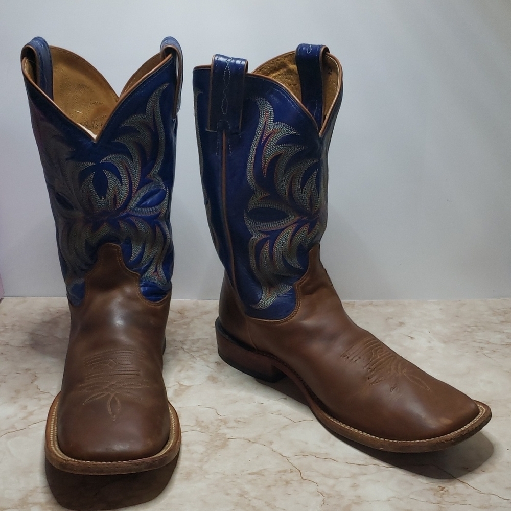 Tony Lama Brown Leather Cowboy Boots with Blue Embroidered Shaft